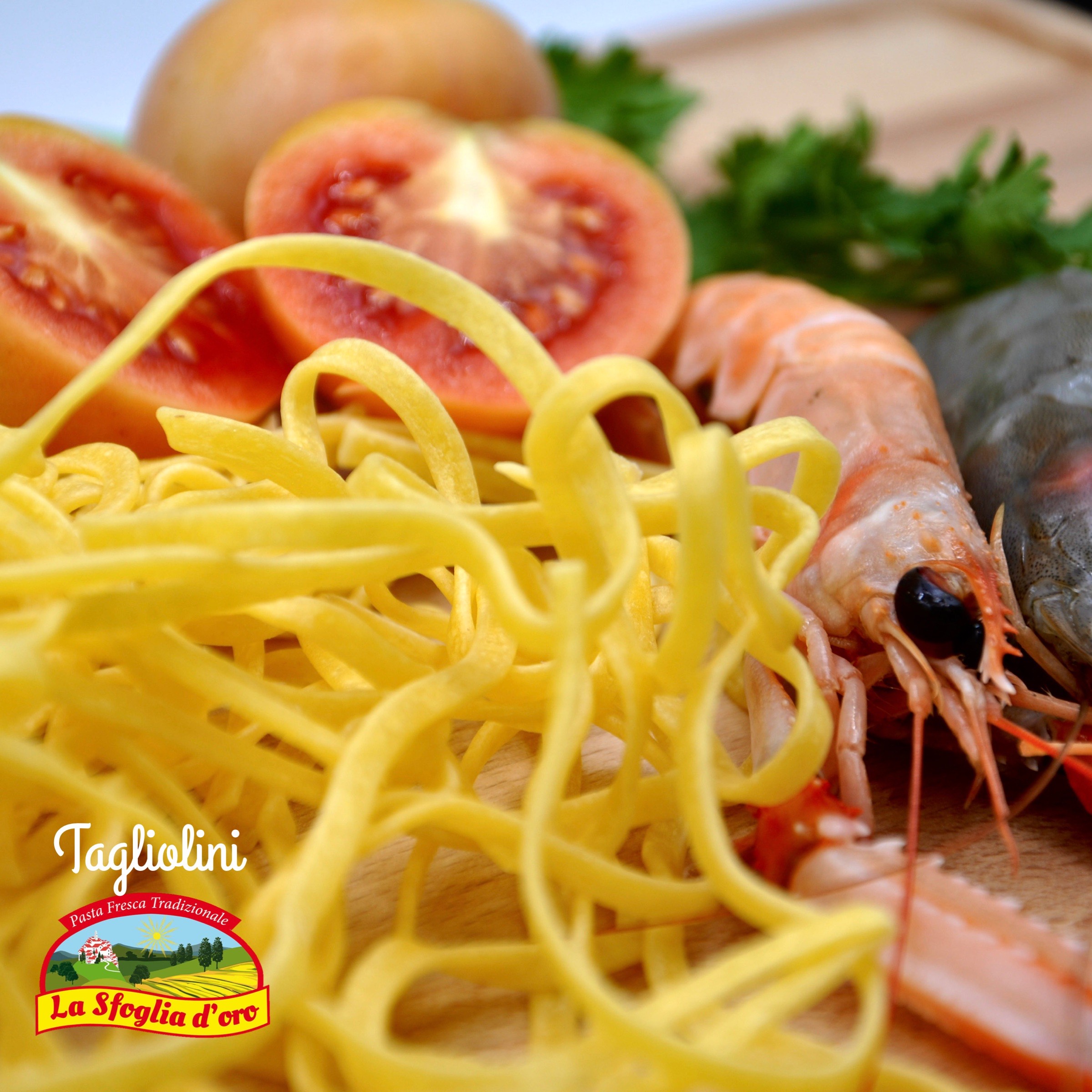 Tagliolini, scampi e pomodorini gialli invernali - Pastificio La Sfoglia d'oro